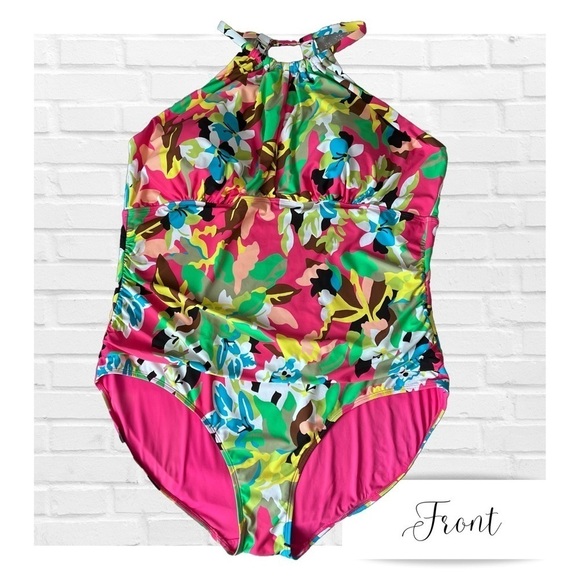Anne Cole High Neck Key Hole Ruffled Straps One Piece Swimsuit Cabana Pa… - Picture 1 of 15